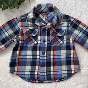 Tea Collection Blue & Orange Flannel Plaid Shirt 6-9M EUC